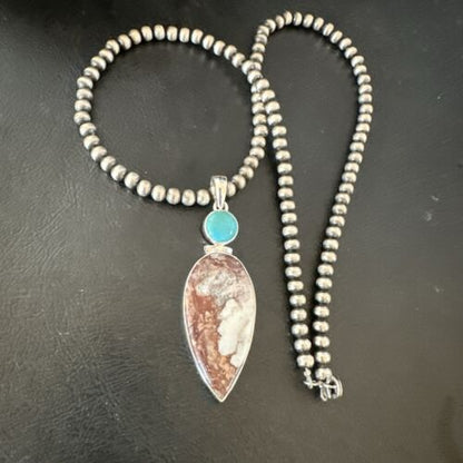 Navajo Wild Horse Blue Kingman Turquoise Necklace | Sterling Silver | Authentic Native American Handmade | 17314