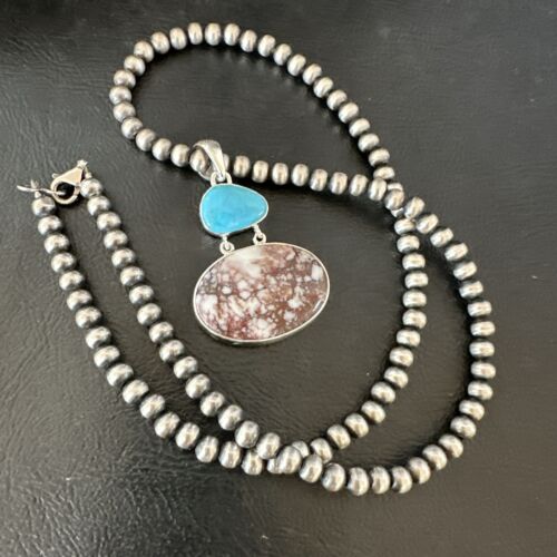 Navajo Wild Horse Blue Kingman Turquoise Necklace | Sterling Silver | Authentic Native American Handmade | 17340