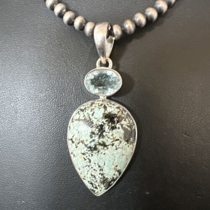 Navajo Dry Creek Turquoise Topaz Pendant Necklace | Sterling Silver | Authentic Native American Handmade | 16314