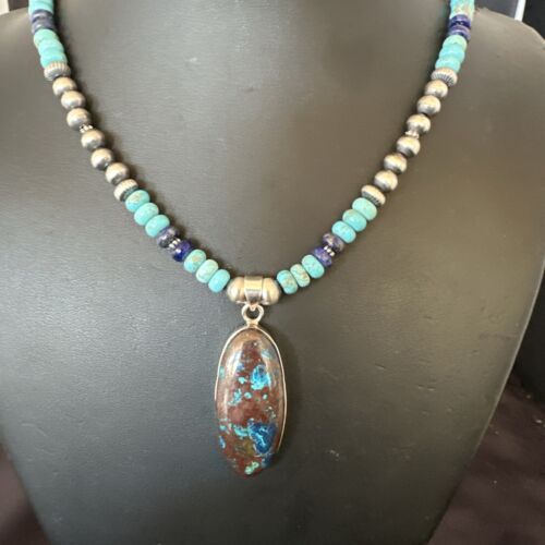 Navajo Blue Turquoise Jasper Lapis Inaly Pendant Necklace | Sterling Silver | 16926