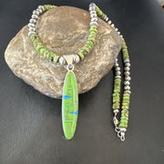 Navajo Green Gaspeite & Turquoise Inlay Pendant Necklace | Sterling Silver | 22" | Authentic Native American Handmade | 16765