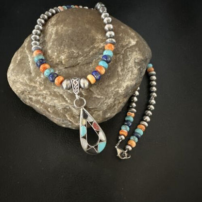 Navajo Spiny Oyster Turquoise Lapis Inlay Pendant Necklace | Sterling Silver | 21" | Authentic Native American Handmade | 16768