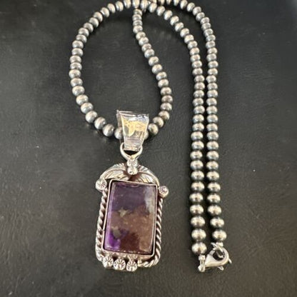 Navajo Pearls Purple Sugilite Pendant Necklace | Sterling Silver Beads | Authentic Native American Handmade | 15378