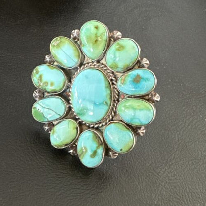 Navajo Green Sonoran Gold Turquoise Cluster Ring | Authentic Native American Sterling Silver | Multi- Stone| Sz 11 | 16033
