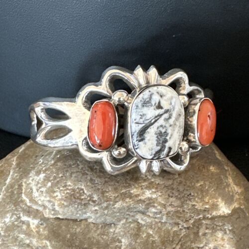 White Buffalo Turquoise Coral Navajo Tufa Cuff Bracelet | Sterling Silver | Authentic Native American Handmade | 16408