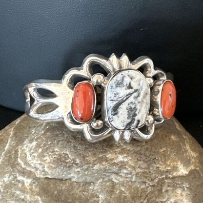 White Buffalo Turquoise Coral Navajo Tufa Cuff Bracelet | Sterling Silver | Authentic Native American Handmade | 16408