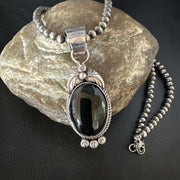 Men's Navajo Pearls Necklace with Black Onyx Pendant | Sterling Silver | Authentic Native American Handmade | 15367