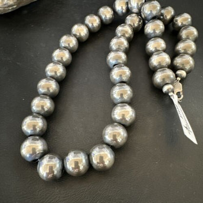 Navajo Pearls Necklace | XL Round 18mm Sterling Silver | 24" Single Strand | Authentic Native American Handmade | 17159