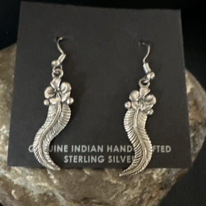 Navajo Sterling Silver Leaf Feather Earrings | Authentic Native American Handmade | 16971