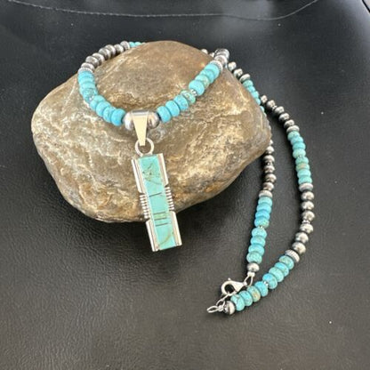 Navajo Turquoise #8 Inlay Pendant Necklace | Sterling Silver | Authentic Native American Handmade | 17055