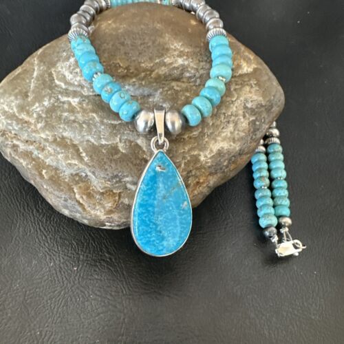 Navajo Pearls Kingman Turquoise Necklace | Sterling Silver Pendant | Authentic Native American Handmade | 17125