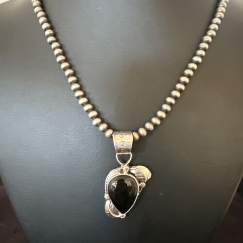 Navajo Pearls Black Onyx Necklace Pendant | Sterling Silver | Authentic Native American Handmade | 16527