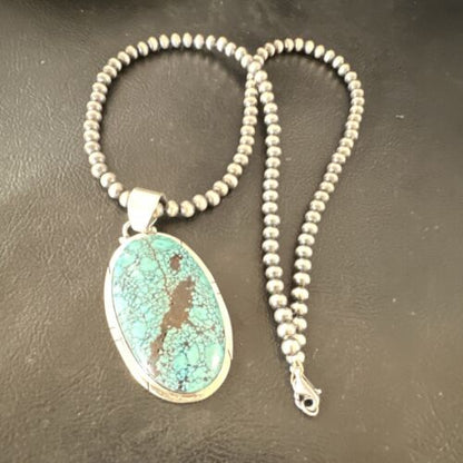 Men's Navajo Blue Spiderweb Turquoise Pendant Necklace | Sterling Silver | Native American Handmade | 16192