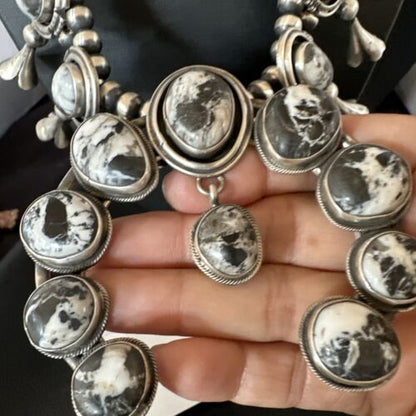 Navajo White Buffalo Turquoise Squash Blossom Necklace & Earrings | Sterling Silver | 16547
