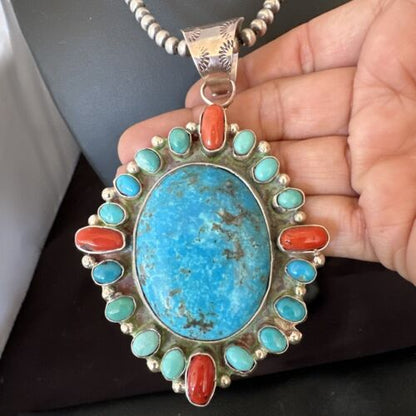 Navajo Red Spiny oyster | Blue Turquoise Pendant Necklace | Sterling Silver | Multi-Stone | 17148