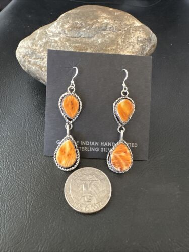 Navajo Orange Spiny Oyster Dangle Earrings | Sterling Silver | 1.5" | Authentic Native American Handmade | 16574