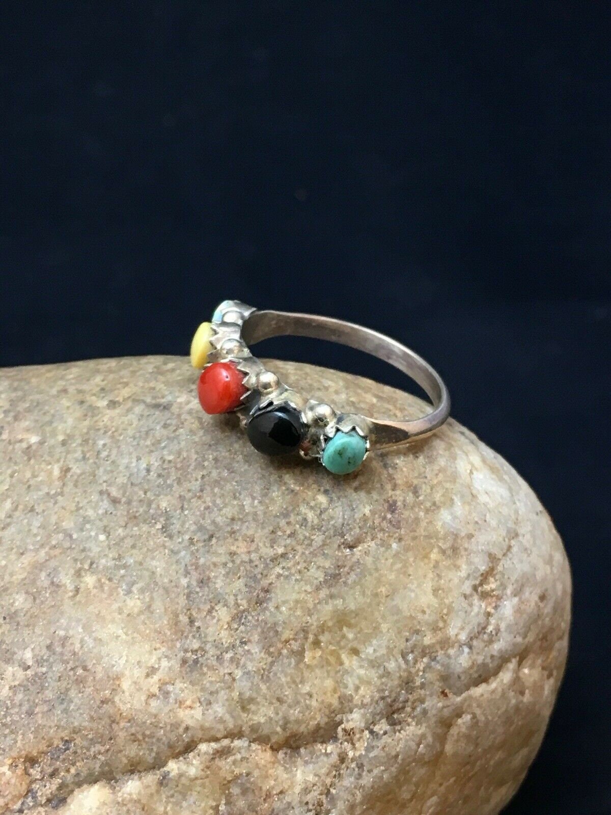Zuni Blue Opal Coral Turquoise Ring | Authentic Native American Sterling Silver | Multi-Stone | Sz 6.5 | 8999