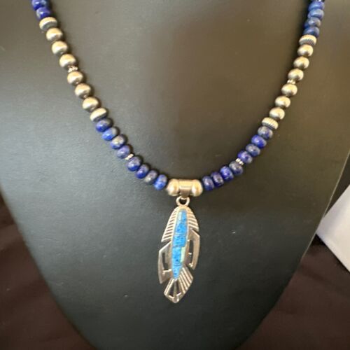 Navajo Blue Denim Lapis Feather Pendant Necklace | Sterling Silver Inlay | Authentic Native American Handmade | 16767