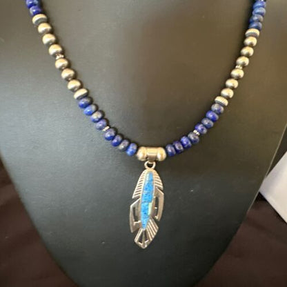 Navajo Blue Denim Lapis Feather Pendant Necklace | Sterling Silver Inlay | Authentic Native American Handmade | 16767