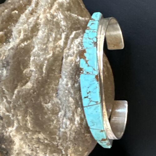 Navajo Men's Blue Turquoise Inlay Bracelet | Sterling Silver | Authentic Native American Handmade | 15062