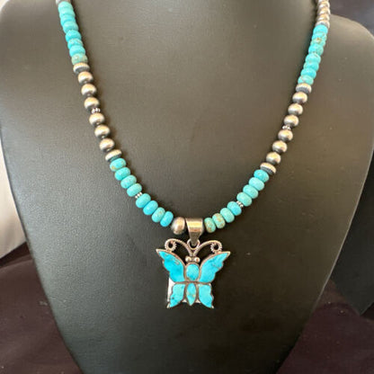 Navajo Butterfly Blue Ridge Turquoise Inlay Pendant Necklace | Sterling Silver | Authentic Native American Handmade | 16642