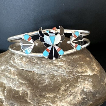 Zuni Thunderbird Bracelet | Sterling Silver Multi-Stone Inlay | Turquoise | Authentic Native American Jewelry | 15056