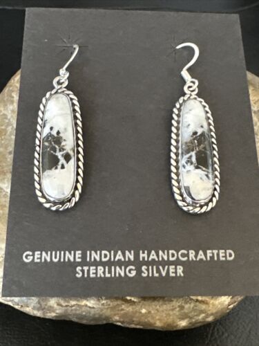 Navajo White Buffalo Turquoise Dangle Earrings | Sterling Silver | Authentic Native American Handmade | 16515