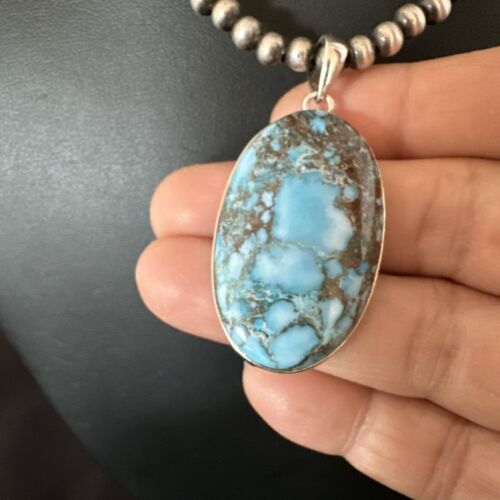 Navajo Blue Spiderweb Turquoise Pendant Necklace | Sterling Silver | Authentic Native American Handmade | 17016
