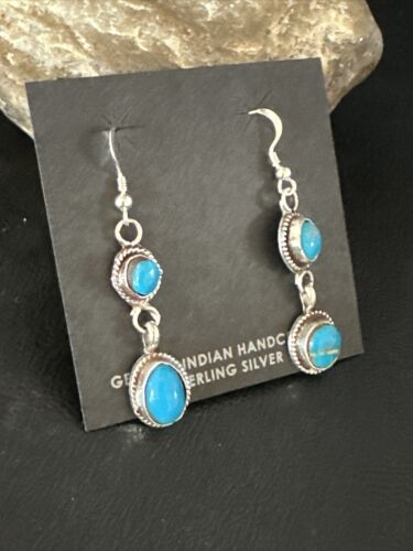Kingman Turquoise Dangle Earrings | Navajo Sterling Silver | Authentic Native American Handmade | 14870