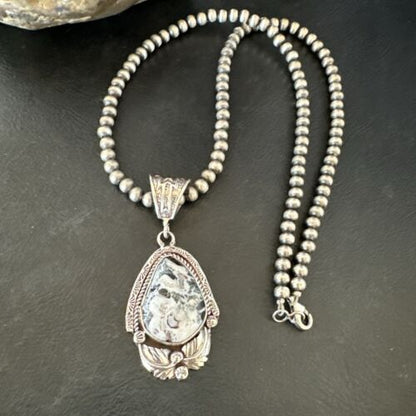 Navajo White Buffalo Turquoise Pendant Necklace | Sterling Silver | Authentic Native American Handmade | 17522