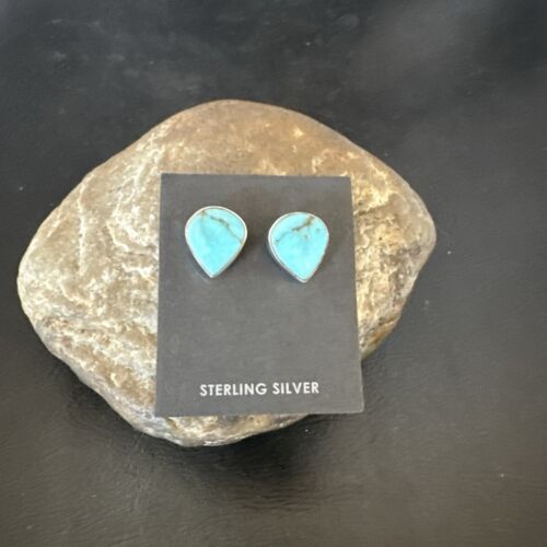 Navajo Blue Kingman Turquoise Post Stud Earrings | Sterling Silver | Authentic Native American Handmade | 17467