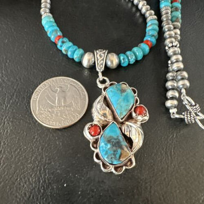 Navajo Blue Turquoise Coral Pendant Necklace | Sterling Silver | Multi-Stone | Authentic Native American Handmade | 15257