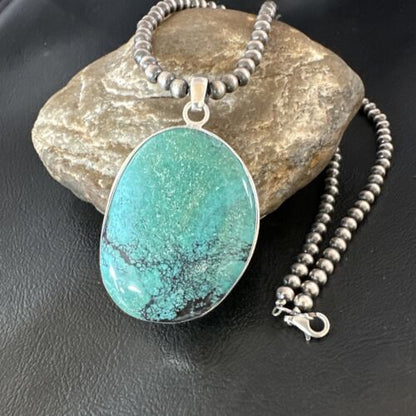 Navajo Blue Spiderweb Turquoise Pendant Necklace | Sterling Silver | Authentic Native American Handmade | 16195