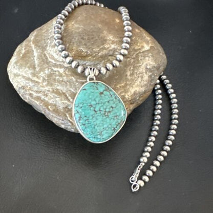 Men's Navajo Blue Spiderweb Turquoise Pendant Necklace | Sterling Silver | Authentic Native American Handmade | 16216