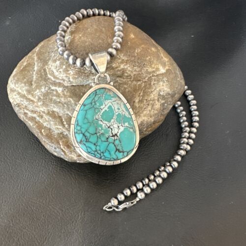 Men's Navajo Blue Spiderweb Turquoise Pendant Necklace | Sterling Silver | Authentic Native American Handmade | 16203