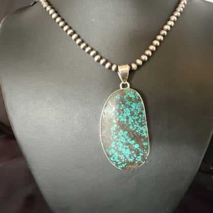 Navajo Blue Spiderweb Turquoise Pendant Necklace | Sterling Silver Pearls | Authentic Native American Handmade | 15568