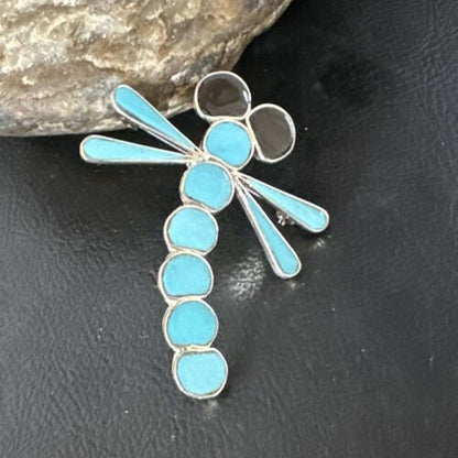 Navajo Blue Kingman Turquoise Dragonfly Inlay Pin Pendant | Sterling Silver | Authentic Native American Handmade | 15169