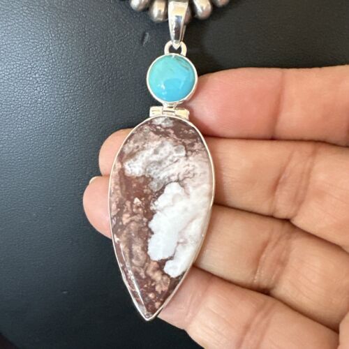Navajo Wild Horse Blue Kingman Turquoise Necklace | Sterling Silver | Authentic Native American Handmade | 17314