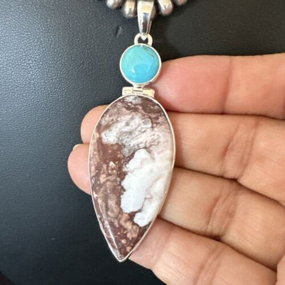 Navajo Wild Horse Blue Kingman Turquoise Necklace | Sterling Silver | Authentic Native American Handmade | 17314