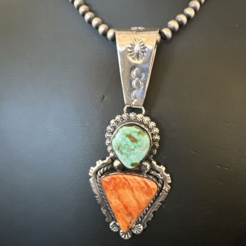 Navajo Green Royston Turquoise | Spiny Pendant Necklace | Sterling Silver | Native American Handmade | 17013