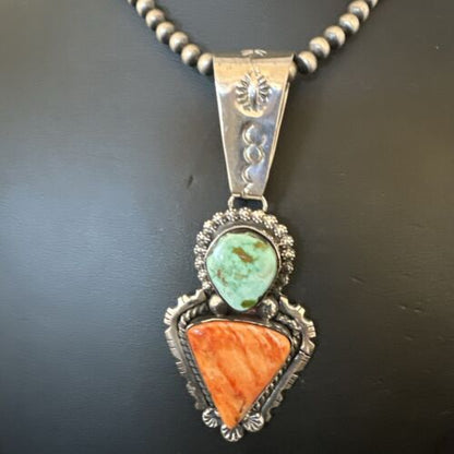 Navajo Green Royston Turquoise | Spiny Pendant Necklace | Sterling Silver | Native American Handmade | 17013