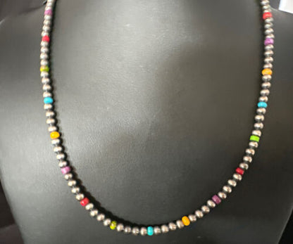 Navajo Multi-Color 4mm Sterling Silver Pearls Necklace | 24" Single Strand | Hook Eye | Authentic Native American Handmade | 94324