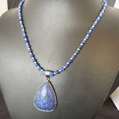 Navajo Blue Denim Lapis Pendant Necklace | Sterling Silver Pearls | 22" | Authentic Native American Handmade | 16579