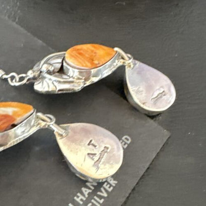 Navajo Orange Spiny Oyster Dangle Earrings | Sterling Silver | 1.5" | Authentic Native American Handmade | 16565