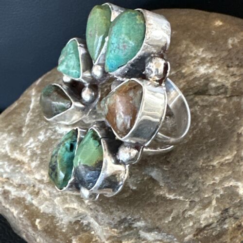 Navajo Green Turquoise Cluster Ring | Authentic Native American Sterling Silver | Multi-Stone | Sz 9 | 15660