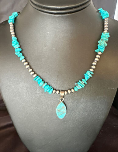 Navajo Kingman Turquoise Pendant Necklace | Sterling Silver | 22" | Authentic Native American Handmade | 14835