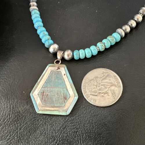Navajo Turquoise Inlay Pendant Necklace | Sterling Silver | Authentic Native American Handmade | 17076