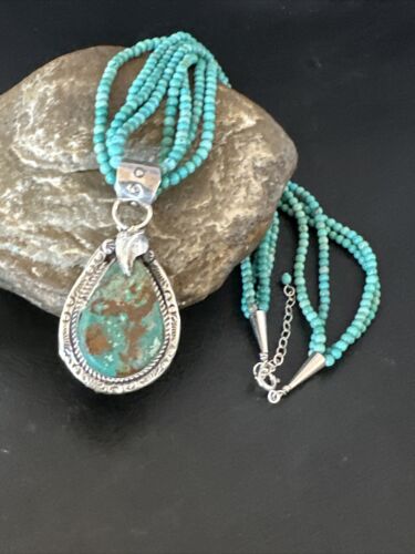 Blue Turquoise Pendant | Navajo Pearls | Sterling Silver Bead Necklace 17" | Multi-Strand | 15994