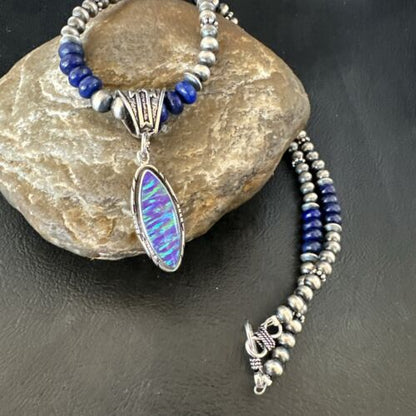 Navajo Lapis Purple Opal Pendant Necklace | Sterling Silver | 20" | Authentic Native American Handmade | 17551
