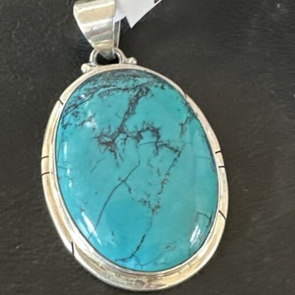 Men's Navajo Blue Spiderweb Turquoise Pendant Necklace | Sterling Silver | Authentic Native American Handmade | 16197